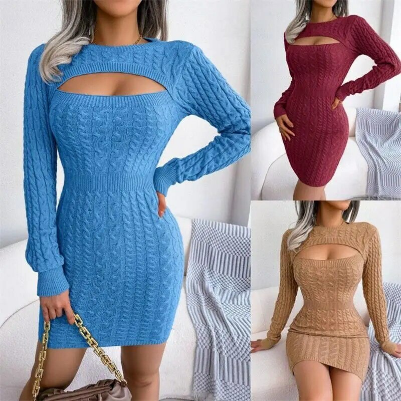 Autumn Sexy Women's Party Dress Sexy Knitted Cutout Short Dress Spring Summer Backless Long Sleeve Round Neck Wrapped Mini Dress