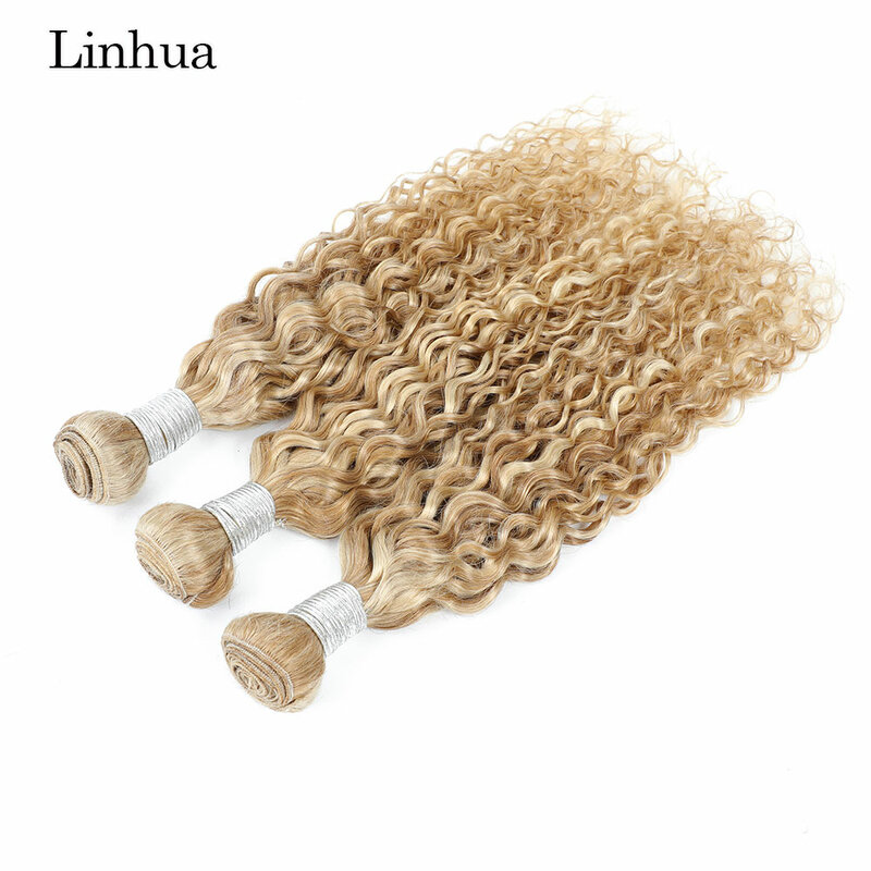 Linhua Water Wave P27/613 Menselijk Haar Bundels 8 Tot 30 Inch Krullend Menselijk Haar Highlight Blonde Machine Gemaakt Dubbel Geweven Inslag