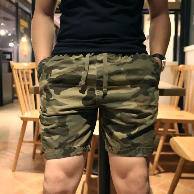 Bermuda masculina de luxo, calça curta de camuflagem, shorts de carga com corda de desenho, bolso frontal, confortável casual, caminhada