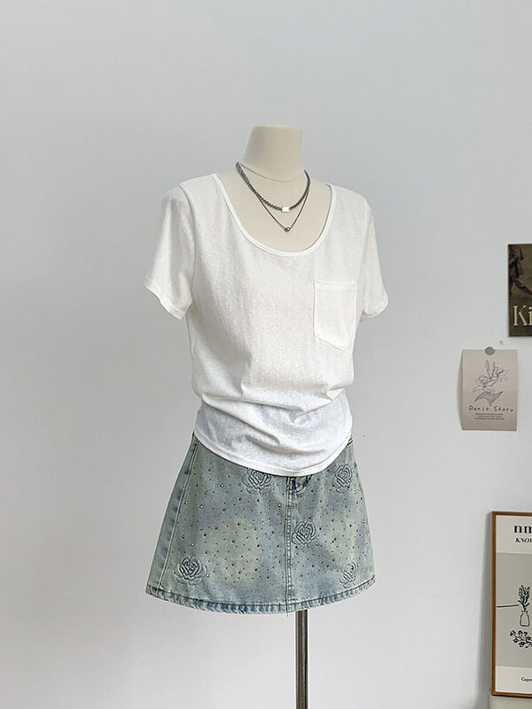 Minifalda vaquera Vintage con diamantes para mujer, falda ajustada de cintura alta con bordado azul, corte en A, diseño informal y holgado para uso diario, moda de verano