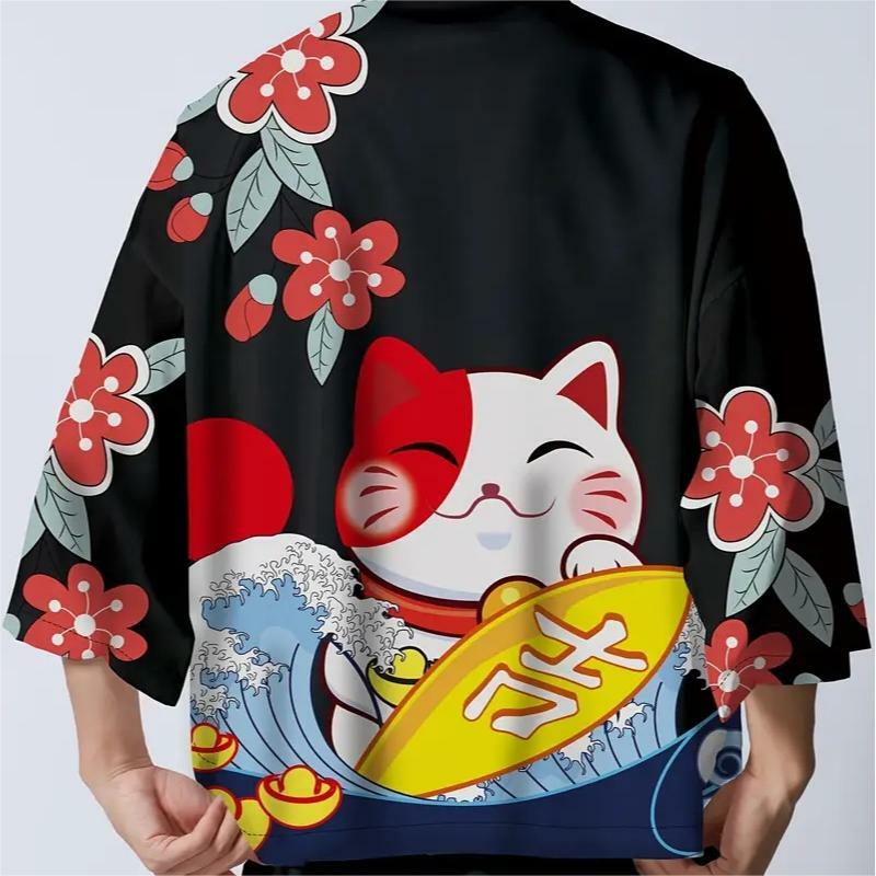 일본 기모노 유카타 사무라이 기모노 남자 고양이 프린트 셔츠 의류, 하라주쿠 가디건, 남성 전통 하오리 기모노 여성용