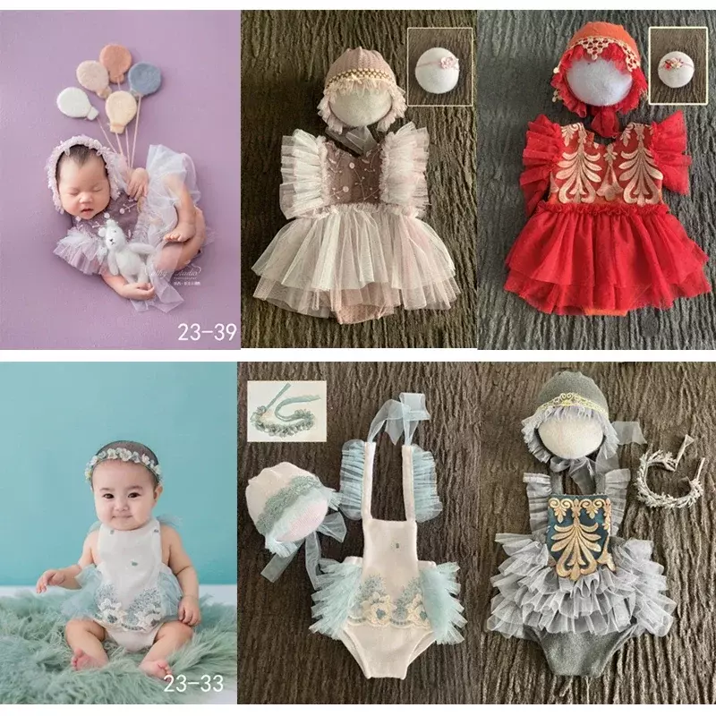 Accesorios de fotografía para bebé recién nacido, vestido de princesa de encaje, pelele, ropa de fotografía, diadema, sombrero, accesorios
