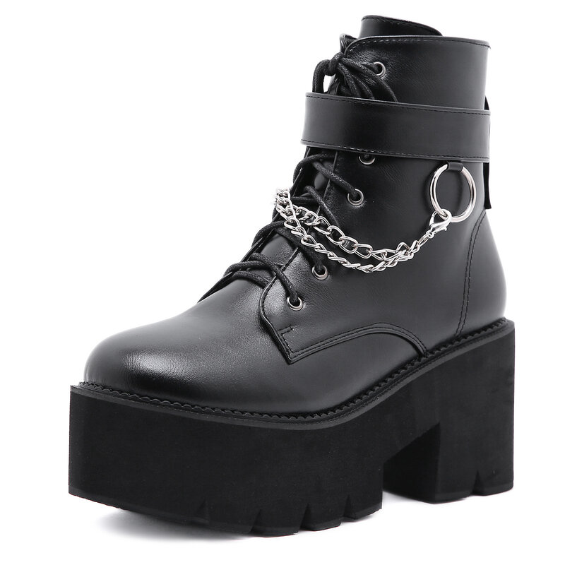 جديد مثير سلسلة النساء أحذية جلدية الخريف كتلة كعب القوطية الأسود الشرير نمط منصة الأحذية الإناث الأحذية عالية الجودة
