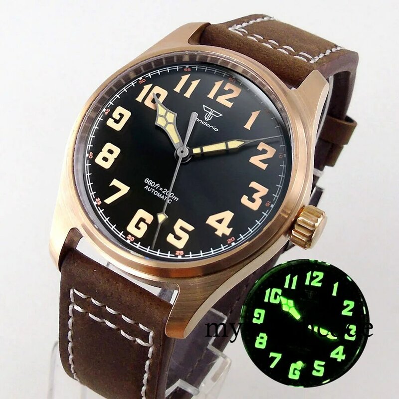 Tandorio Cusn8 Genuine Bronze Pilot Watch Men 200M Diver NH35A PT5000 Automatic Wristwatch Sapphire Field-Watch Military Clock