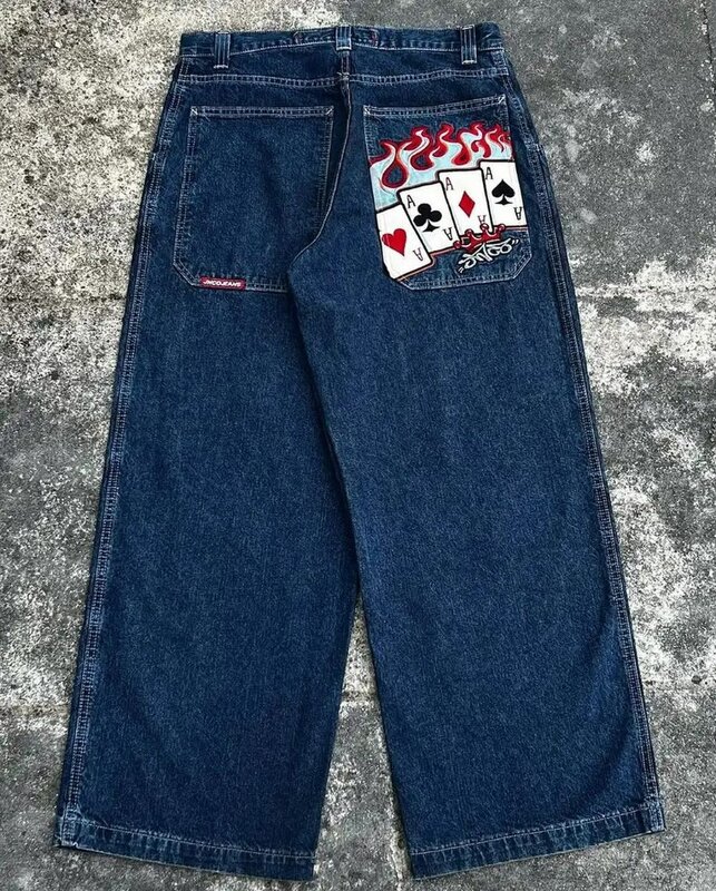 European and American Street Poker Print Jeans Men Y2k Fashion Washed Oversized Wide Leg Pants Retro Straight Trousers Women