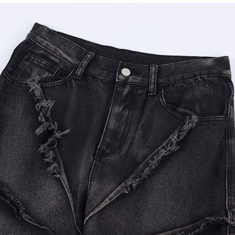 Men's raw edge jeans Y2K American retro destructive spider web raw edge jeans men's European and American street loose trousers