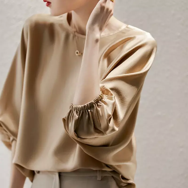 Elegant Summer Batwing Sleeve Silk Satin Shirt Korean Fashion O-Neck Shirt Office Lady Solid Color Tops Loose Clothes 27195