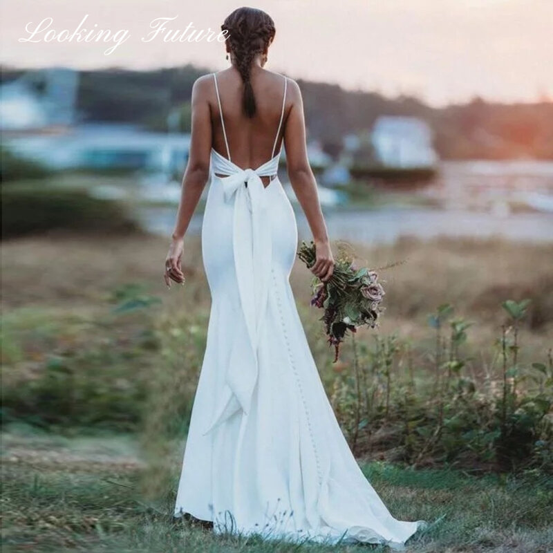 Vestido de noiva sereia praia, Vestidos de noiva simples, Spaghetti Straps, Sem encosto, Elegante vestido de noiva Boho, Vestido branco barato