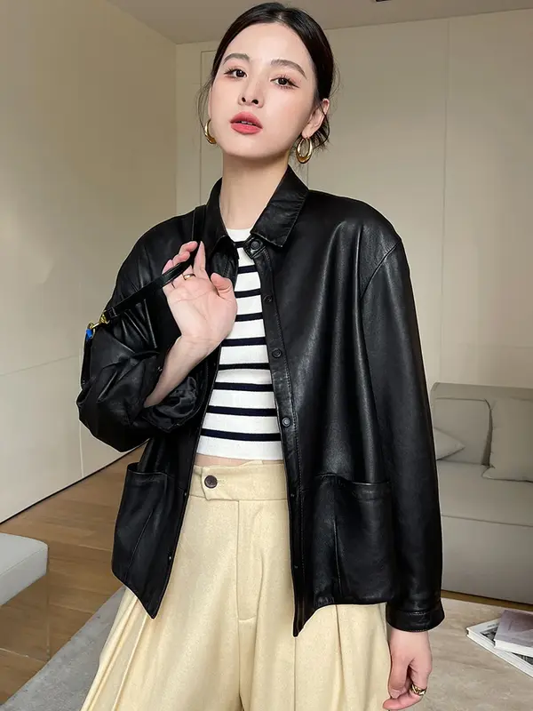Simple Black Genuine Leather Jacket for Women Autumn 2024 New Loose-fit Casual Shirt Collar Soft Real Sheepskin Coat