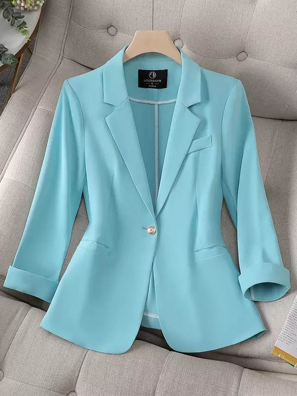 Blazer formal feminino de manga 3/4, azul, rosa, preto, monocromático, jaqueta de trabalho de negócios, casaco feminino, feminino, primavera, verão