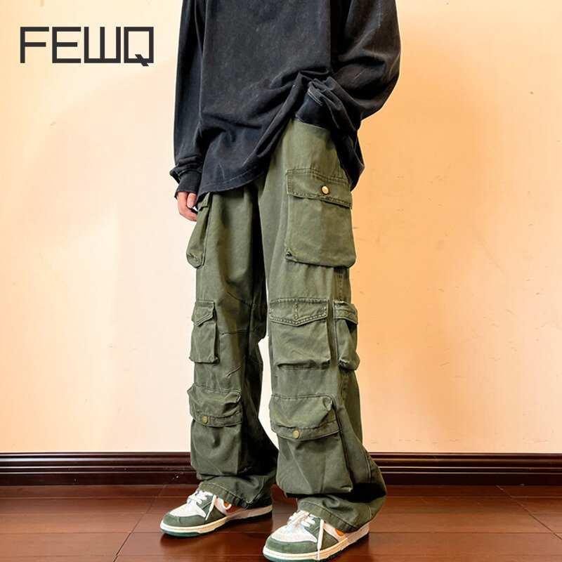 FEWQ-pantalones Cargo Y2k para hombre, Peto con múltiples bolsillos, estilo Safari de calle alta, ropa de calle, novedad de verano, 24A562, 2023