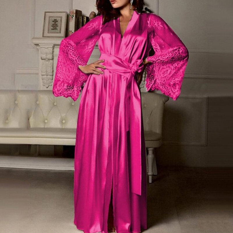 Women Long Sleeve Silk Sleepwear Nightgown Set Sexy Perspective Mesh Sleeve Splice Robe Nightdress Sleepwear Autumn Clothing