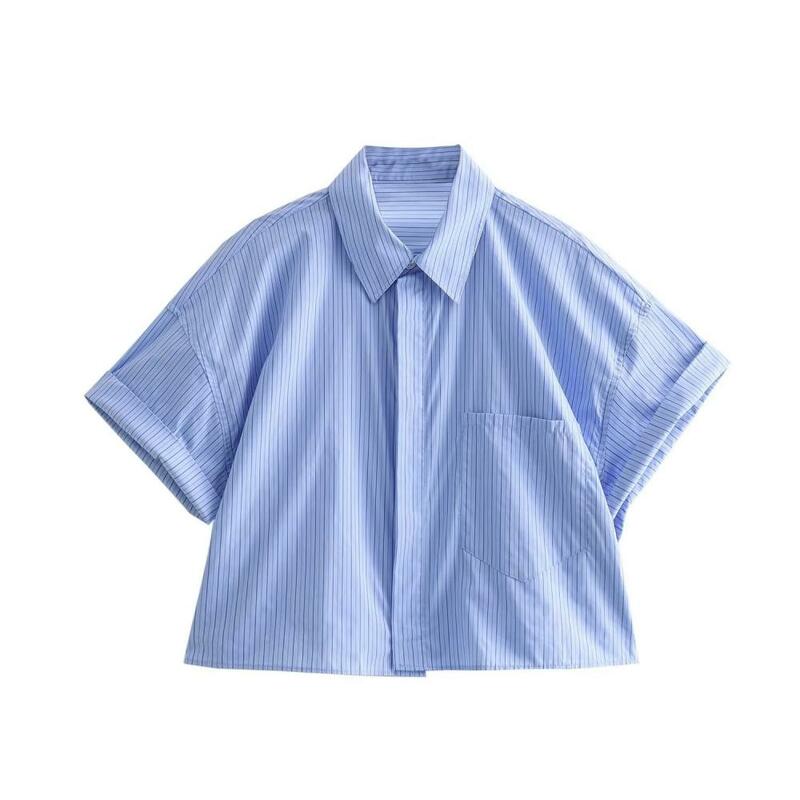 Women 2024 Fashion Crop Poplin Shirt Casual Lapel Collar Short Sleeved Splicing Cardigan Pocket Front Button Female Blouse