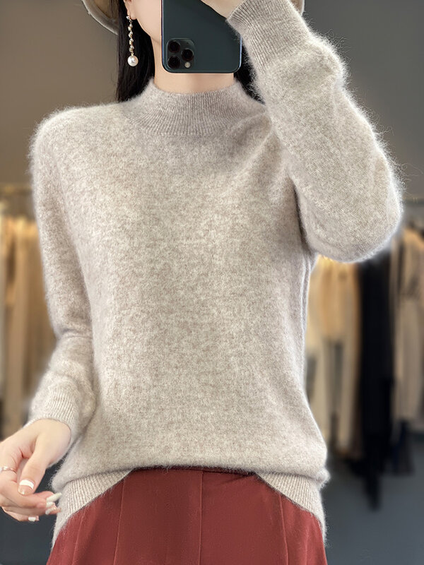Sweter Pullover kerah tiruan polos untuk wanita, atasan dasar pakaian rajut kasmir kasual Mink 100% musim dingin