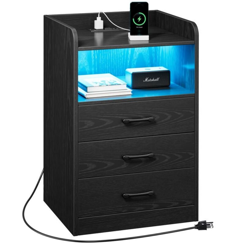 Bedside table with charging station and LED lights, bedside table with drawers, bedside table with USB port and socket