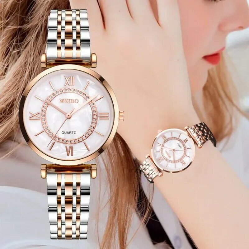 Relógio de quartzo feminino com cristal de diamante, relógio de pulso de aço, pulseira feminina, marca superior, moda luxo, senhoras