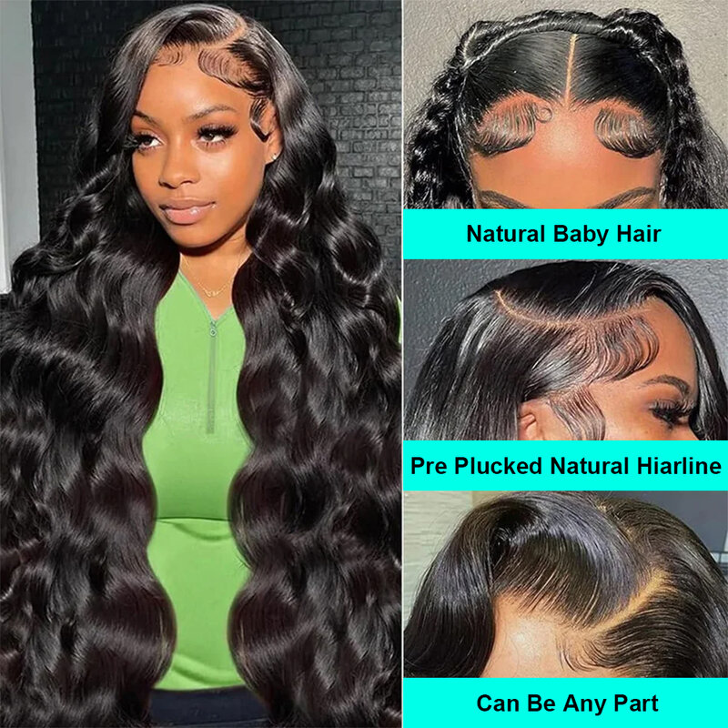Peruca de cabelo humano transparente do laço para mulheres negras, HD frontal perucas, onda do corpo, pré arrancado com cabelo do bebê, macio, 360, 13x4, 200% Densidade