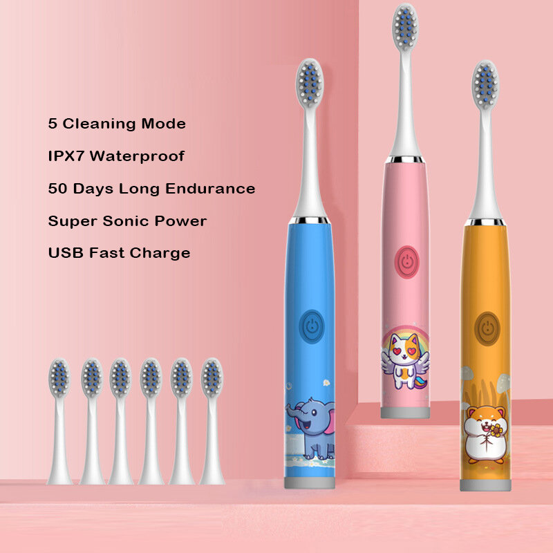 Children's Toothbrush Electric Smart Cute Cat Elephant Hamster Pattern IPX7 Waterproof Ultrasonic Sonic Toothbrush for Kids J294
