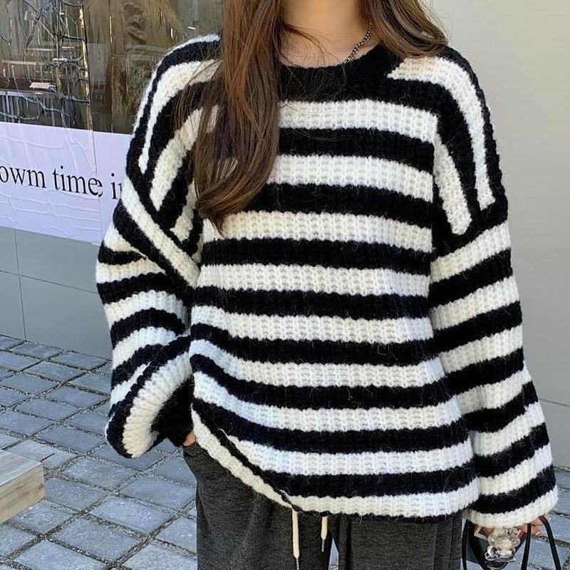 Deeptown Vintage Brown Striped Sweater Women Harajuku Korean Fashion Oversize Pullover Jumper Female Preppy Style School Girl