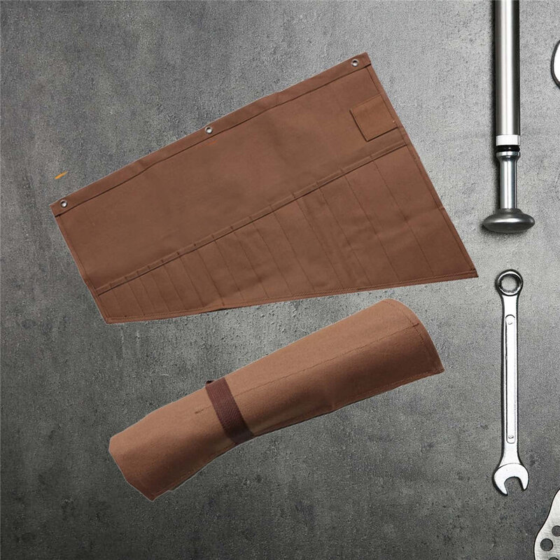 Bolsa de rollo de herramientas y llave inglesa, bolsa de herramientas de construcción de lona encerada duradera de 16oz, 14 bolsillos para electricista