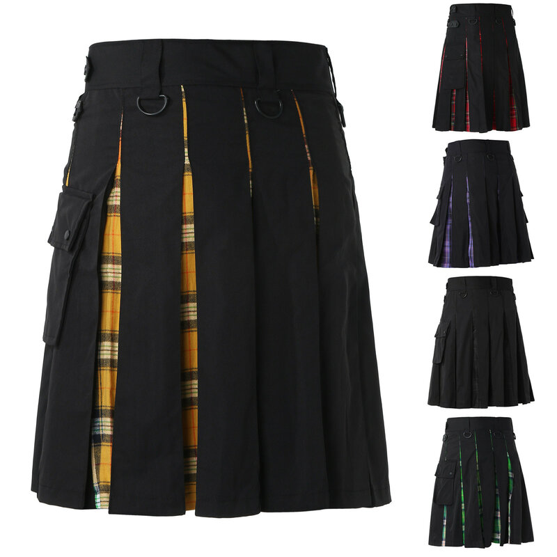 Модная шотландская ретро юбка Kilt для косплея, плиссированная Повседневная клетчатая контрастная юбка в шотландском стиле с карманами, традиционная хозяйственная юбка