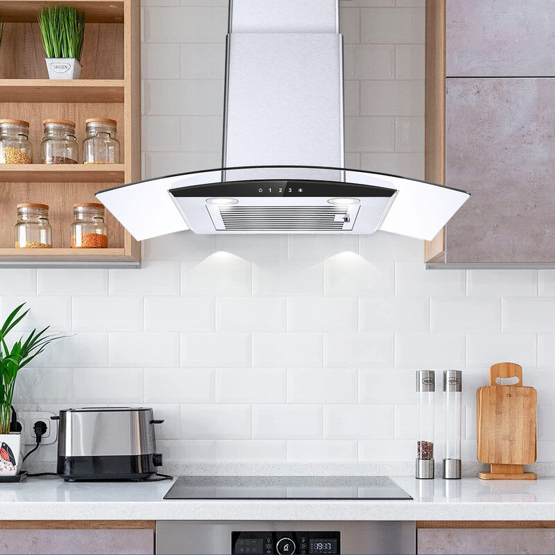 Tieasy 30 inch 450CFM Wall Mount Tempered Glass 3-Speed Touch Control Vent Range Hood USGD3375BCK