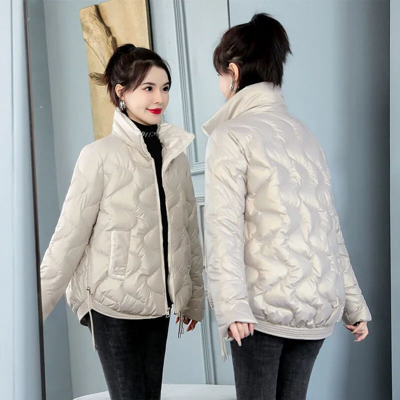Однотонные блестящие пуховые хлопковые куртки, модное корейское пальто на молнии со стоячим воротником, женское простое утепленное пальто