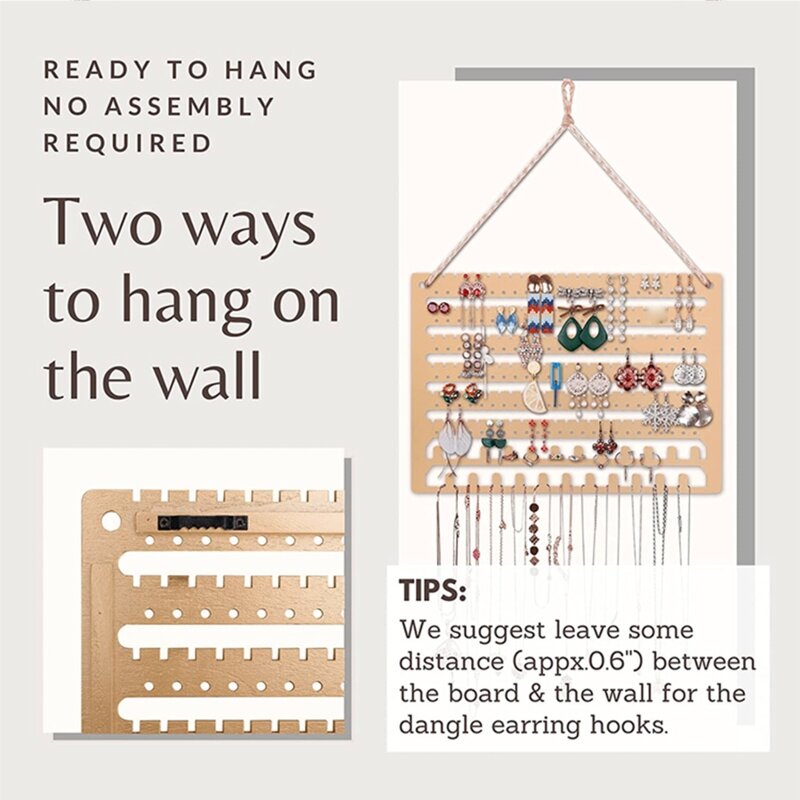 Wooden Hanging Jewelry Organizer Wall Mounted Necklace Earrings Display Stand Ear Studs Holder Storage Rack Home Decoration