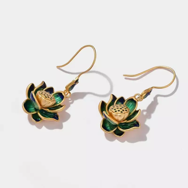 Ancient Gold Craft Classic Enamel Lotus Flower Jewelry Sets Fresh Green Crystal Earrings for Women Ring Necklace Accessories