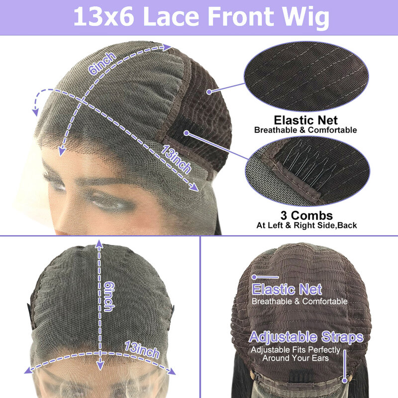 Perruque Lace Front Wig sans colle naturelle brésilienne Remy, cheveux lisses, couleur naturelle, 13x6 HD, pre-plucked, en vente