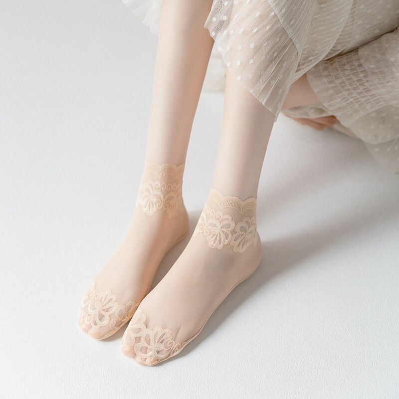 Mulheres verão invisível rendas meias antiderrapantes meias rasas finas floral malha curto tornozelo meio tubo respirável meias de seda feminina