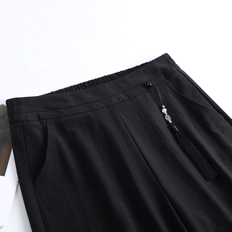 Celana rok kaki lebar hitam wanita, Bawahan kasual longgar elegan pinggang tinggi Retro elastis baru Musim Panas 2024 4XL T9057