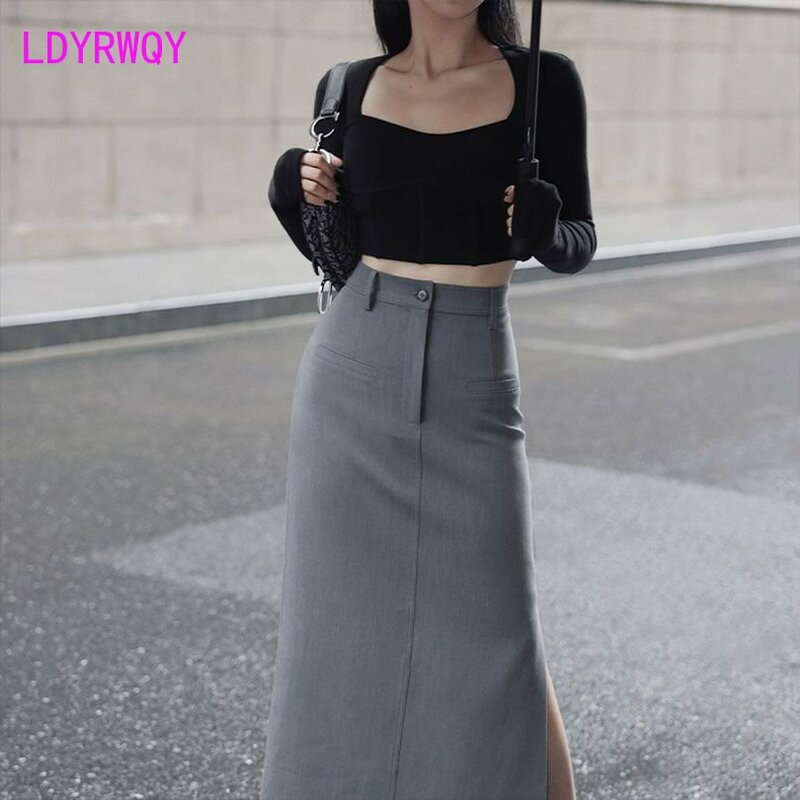 Solid color high waist and hip suit skirt 2023 new French retro slim straight skirt