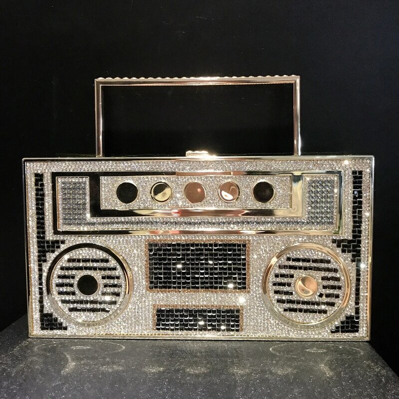 Bolsa quadrada feminina com gravador, rádio diamante embutidos jantar sacola, festa banquete, bolsas de casamento, novo, Y2K