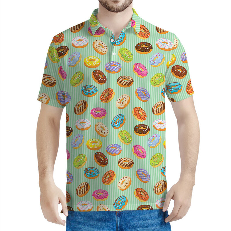 Kolorowa koszulka polo z grafiką Donut Mężczyźni 3d Nadrukowane przekąski Koszulki Kobiety Luźne guziki Krótki rękaw Casualowe koszulki polo z klapami Topy
