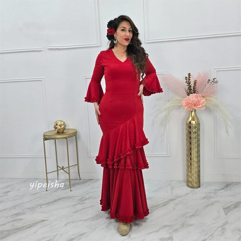 Ball Dress Evening Saudi Arabia Jersey Ruffle Ruched Birthday A-line V-neck Bespoke Occasion Gown Midi Dresses