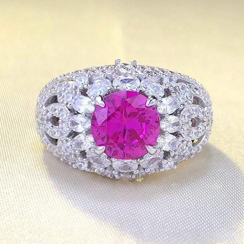2023 New S925 Silver 8.0mm Pink Diamond Ring Luxury Fashion Women's Hot Selling European and American Style