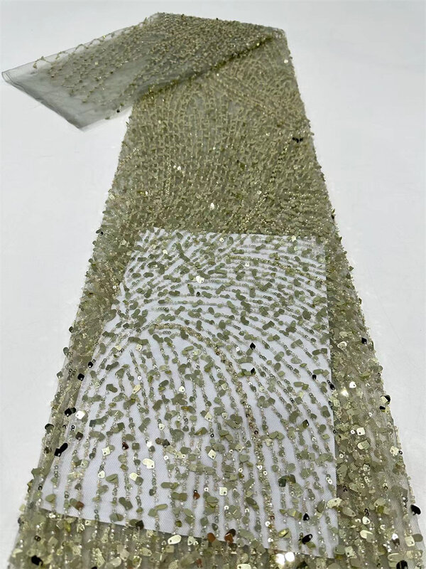 Tela de encaje de lentejuelas africanas para mujer, bordado de encaje de alta calidad, malla con cuentas, 5 yardas, vestido de fiesta de boda, 2024