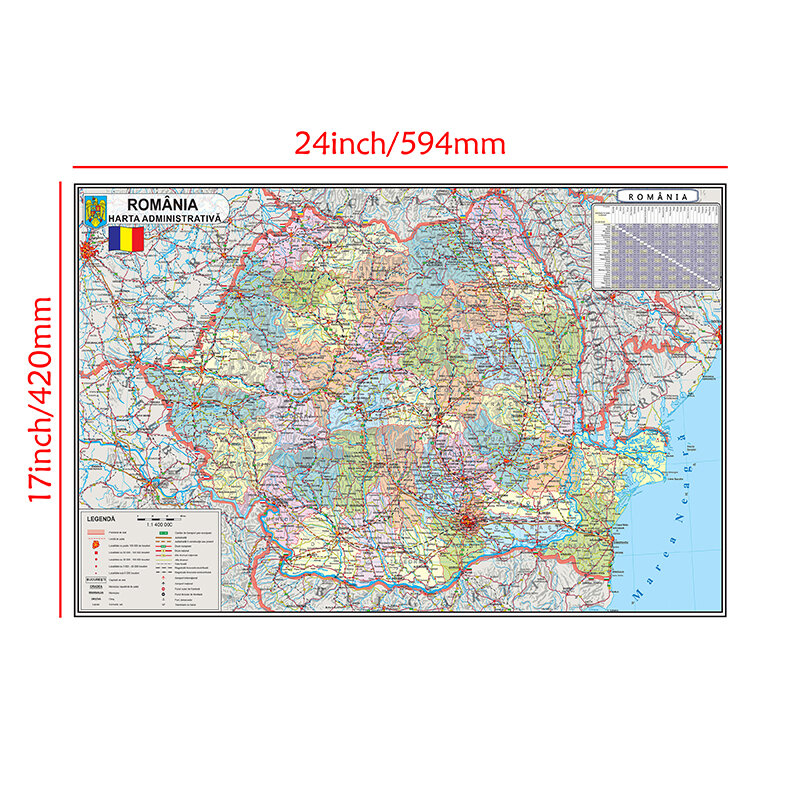 59*42cm Small Size Romanian Romania Country Map Canvas Map Posters and Pritns for Kids Home School Room Decor