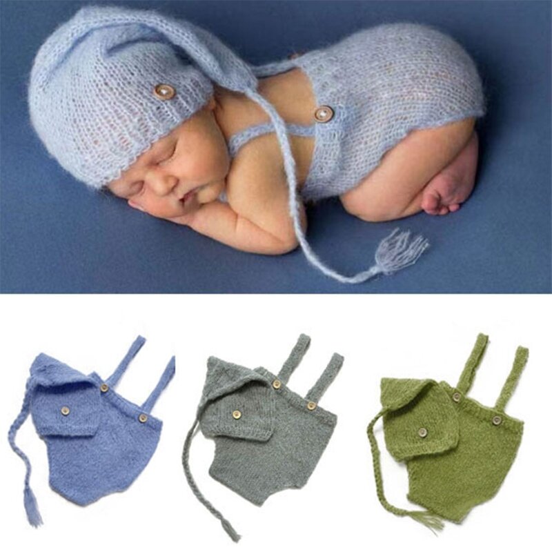 Accessoires photographie pour nouveau-nés, tenue en Crochet, barboteuse, chapeau, bonnet, 2 pièces