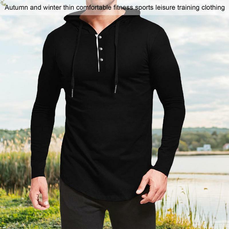 Kemeja bertudung untuk pria, Kaos musim gugur lengan panjang bertudung kasual ringan olahraga dengan kancing leher dan raket depan