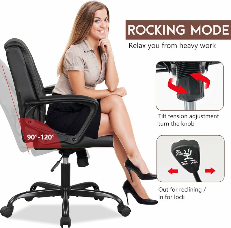 Silla de trabajo de cuero PU para el hogar, silla de escritorio ergonómica con soporte Lumbar y reposabrazos, características ajustables con respaldo medio