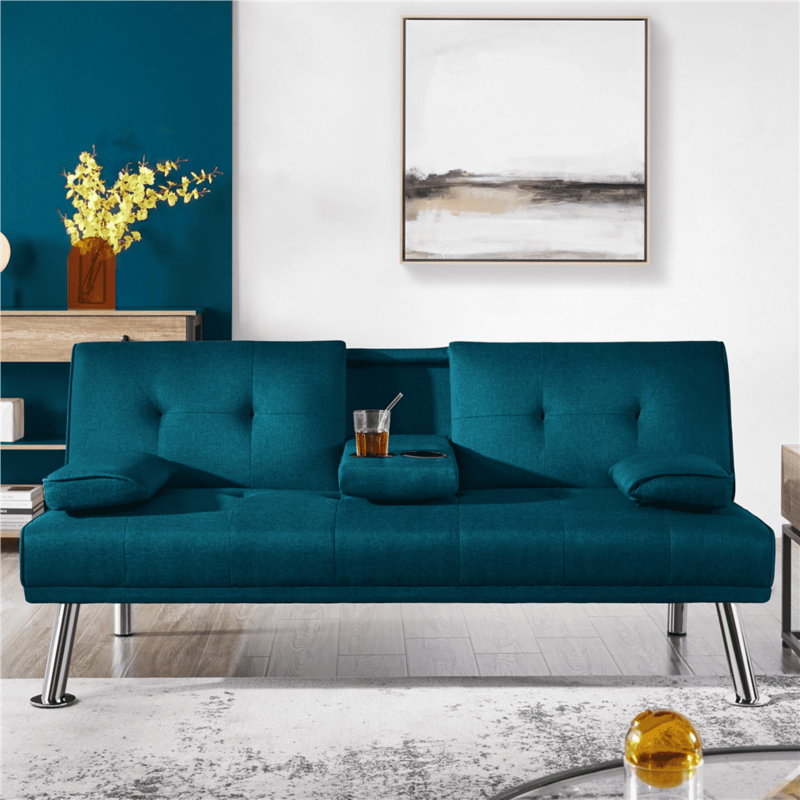Rozkładana sofa Futon z chromowanymi metalowymi nogami i 2 uchwytami na kubki, kolor błękitny