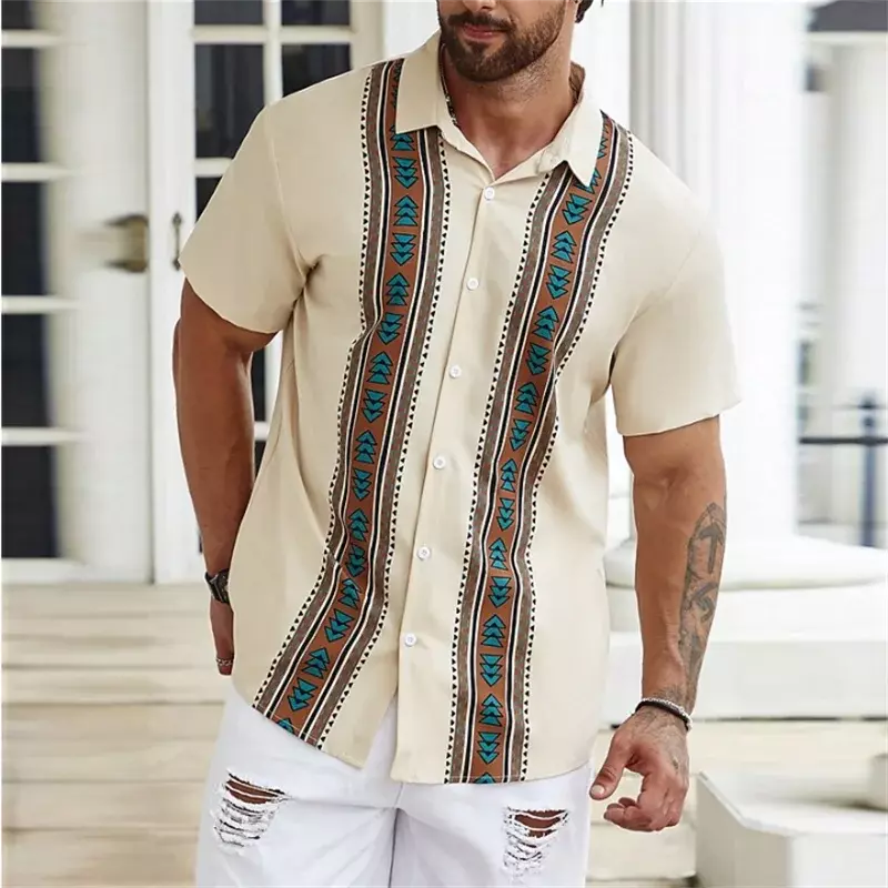 Рубашка мужская с геометрическим принтом, уличная дизайнерская повседневная с отложным воротником и короткими рукавами, модная уличная одежда, коричневая