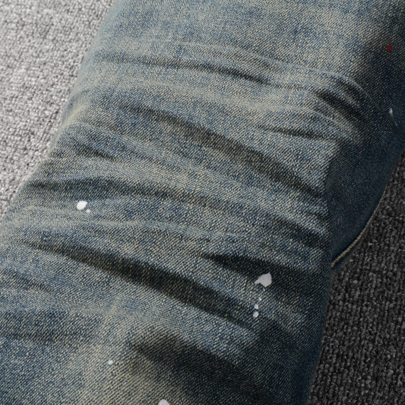 Джинсы мужские зауженные эластичные, Модные Винтажные синие джинсы с разрезом, дизайнерские Брендовые брюки в стиле хип-хоп