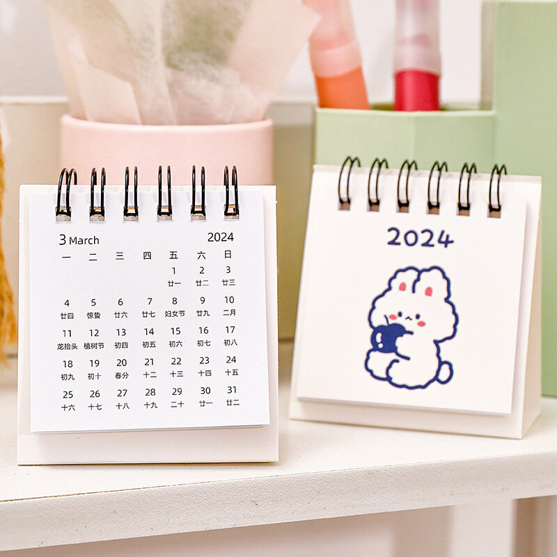 2024 Tahun sederhana Ins kalender meja kecil meja siswa Desktop lucu kartun anjing kelinci Mini catatan Memo kalender belajar kalender kantor
