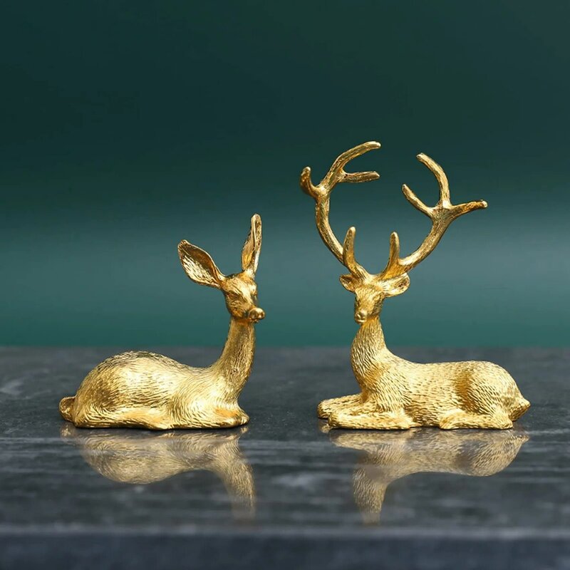 2 PCS Couple Deer Statue Home Decor Collectible Animal Figurines Office Ornaments Golden