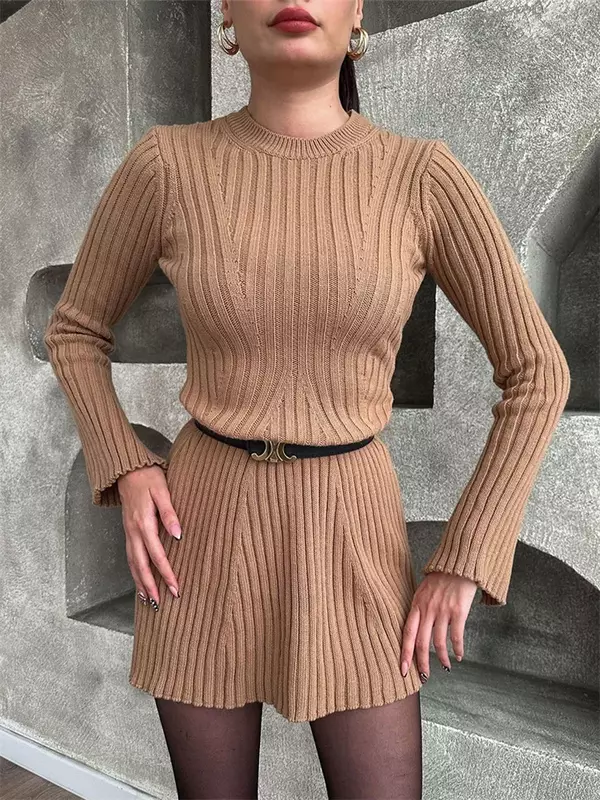 Strick pullover Mini kleid für Frauen gerippt Patchwork Mode Langarm hohe Taille lose elegante Kleid Strickwaren Kleidung neu