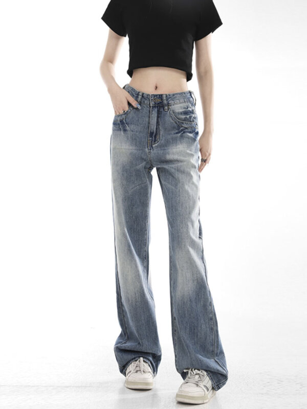 Jeans svasati alla moda a vita alta pantaloni da donna Vintage larghi sfumati di colore base pantaloni Chic autunnali in Denim di alta qualità