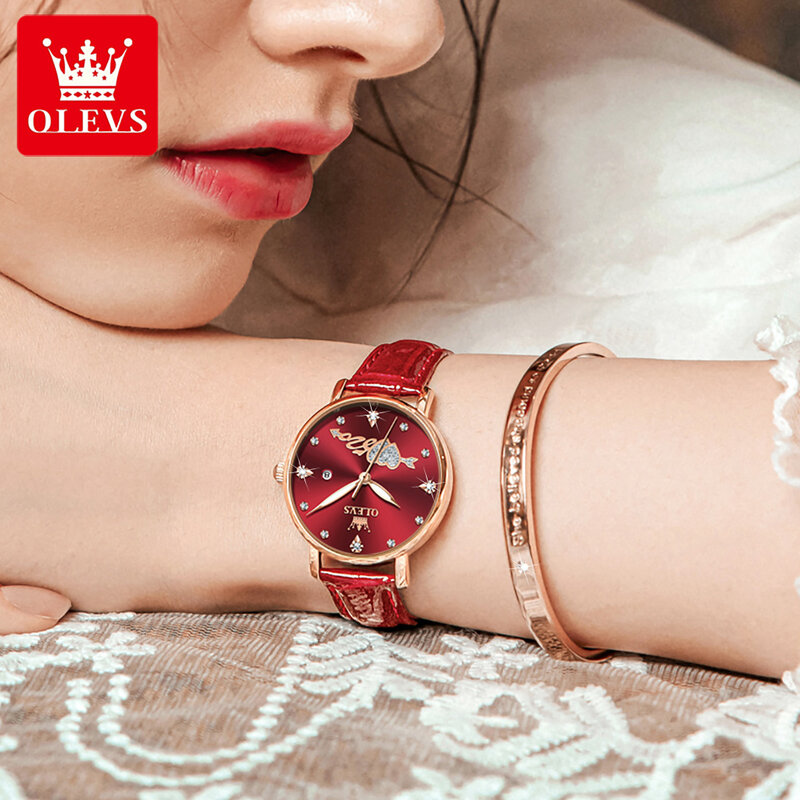 OLEVS 5509 elegancki kwarcowy damski zegarek skórzany pasek modny luksusowy diamentowy motyw miłości wodoodporny kalendarz tarcza damski zegarek